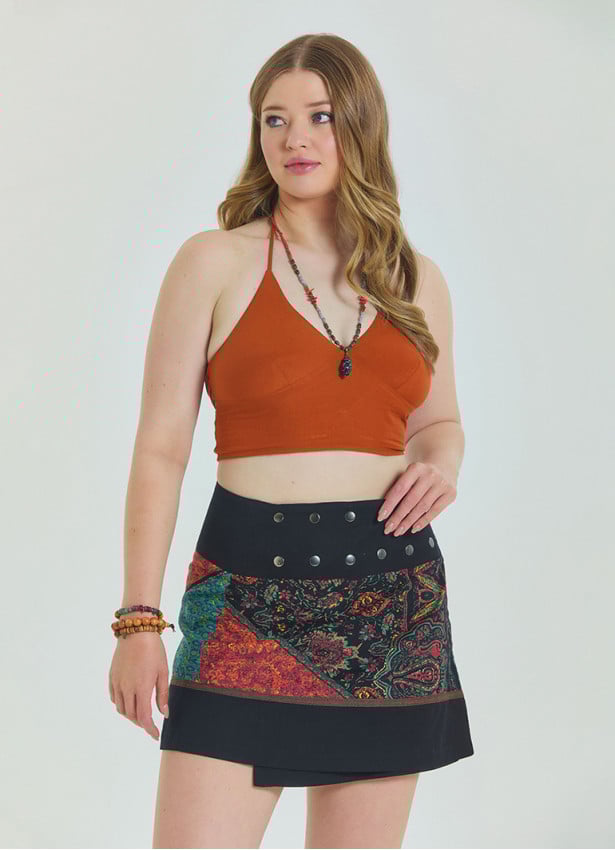 Snap Front Patchwork Wrap Black Plus Size Skirt 4689